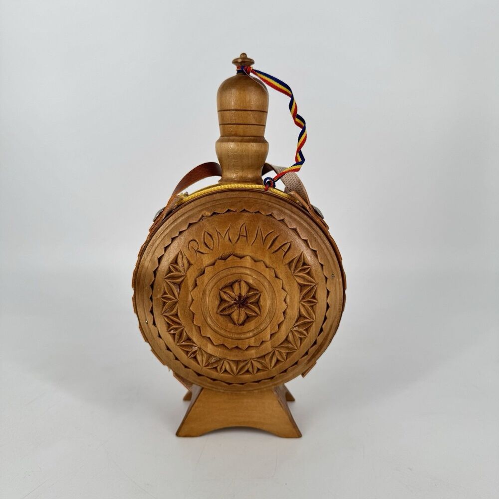 Hand Carved Romanian Wooden Flask Bottle Folk Art w Stand 8.75” Rustic